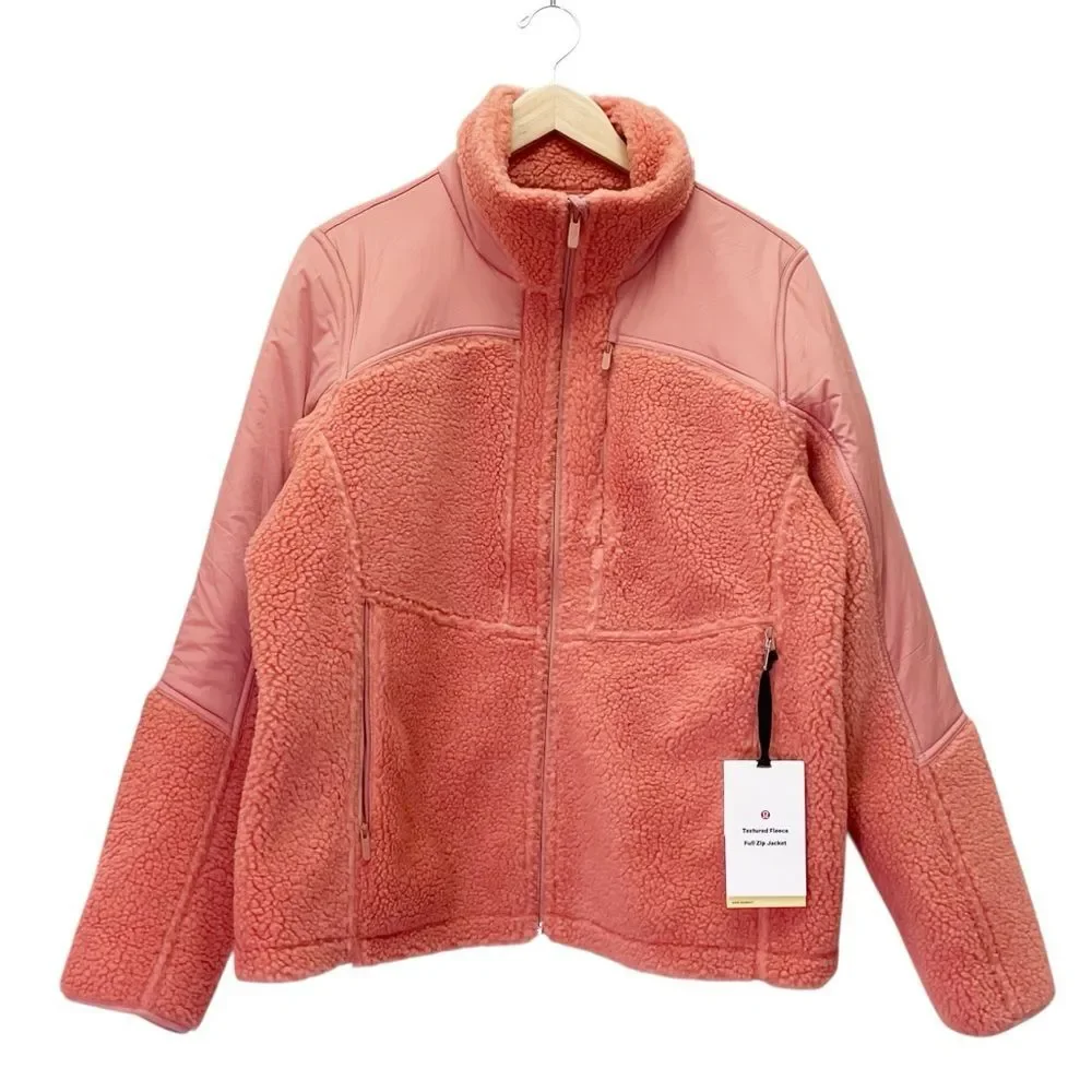 NWT Lululemon Textured Fleece Full Zip Jacket Pink Savannah Size 12 Athleisure